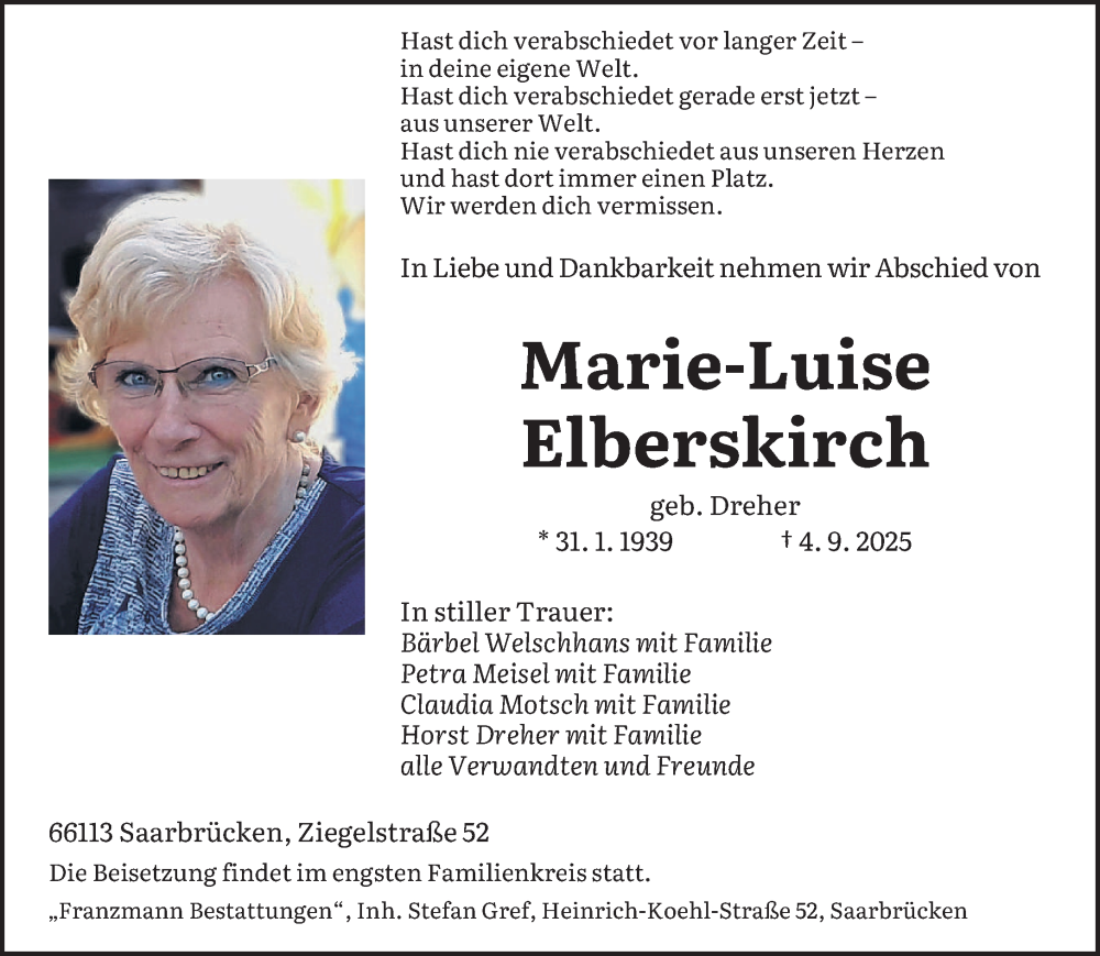  Traueranzeige für Marie-Luise Elberskirch vom 10.09.2025 aus saarbruecker_zeitung