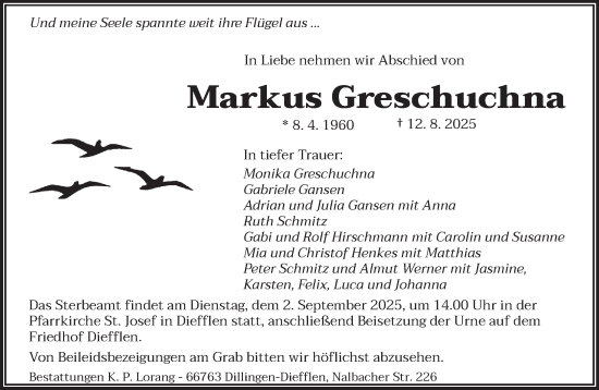 Traueranzeige von Markus Greschuchna von saarbruecker_zeitung
