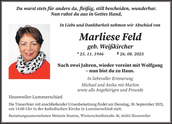 Traueranzeige von Marliese Feld von saarbruecker_zeitung
