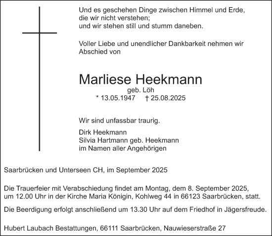 Traueranzeige von Marliese Heekmann von saarbruecker_zeitung