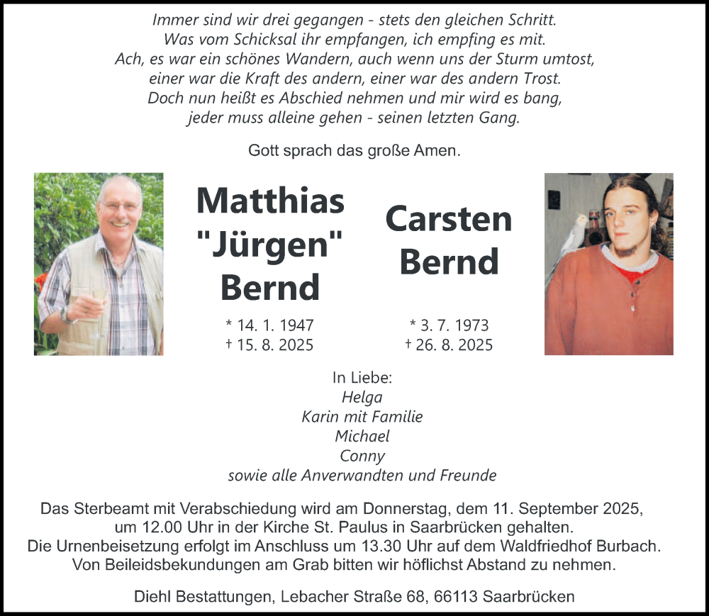 Traueranzeige für Matthias Bernd vom 06.09.2025 aus saarbruecker_zeitung