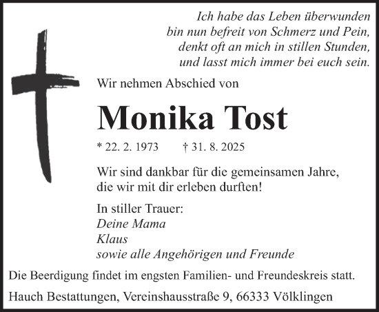 Traueranzeige von Monika Tost von saarbruecker_zeitung