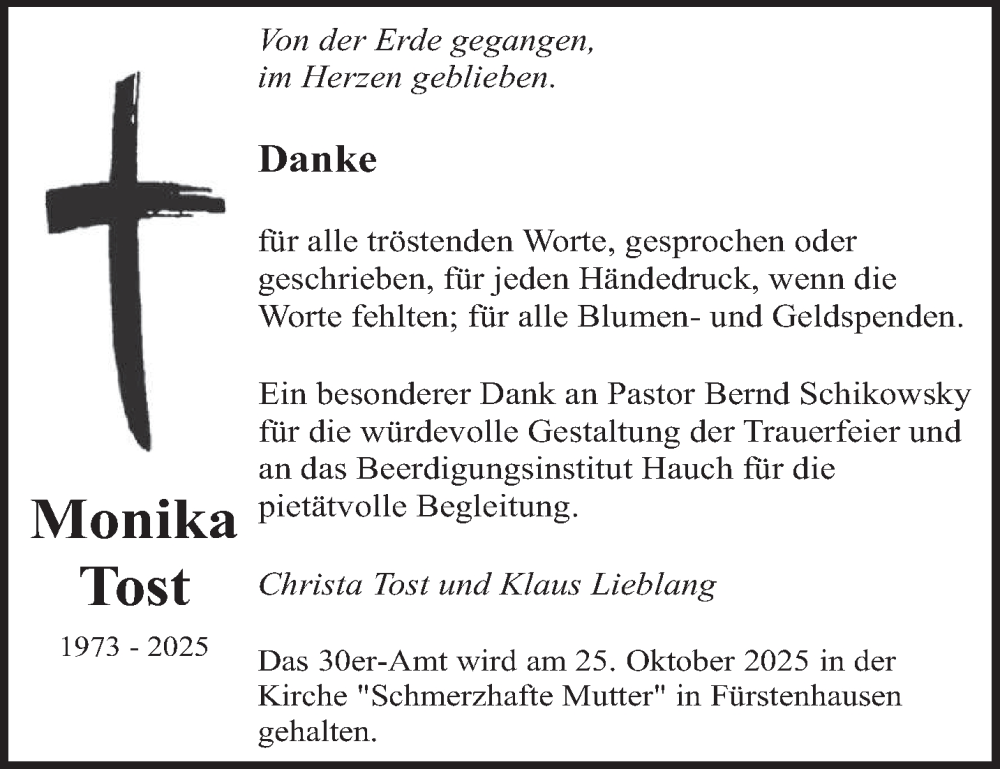  Traueranzeige für Monika Tost vom 27.09.2025 aus saarbruecker_zeitung