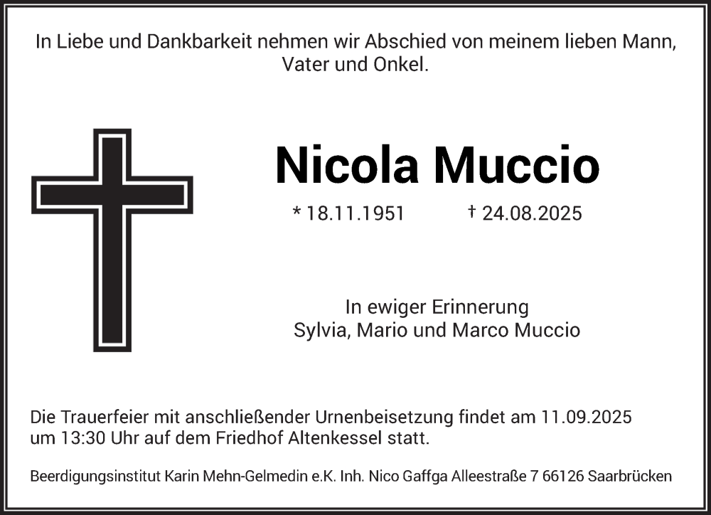  Traueranzeige für Nicola Muccio vom 06.09.2025 aus saarbruecker_zeitung