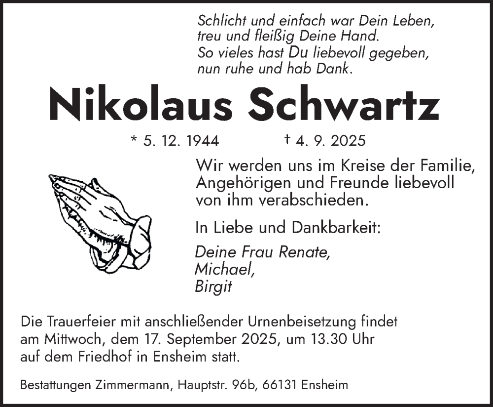  Traueranzeige für Nikolaus Schwartz vom 13.09.2025 aus saarbruecker_zeitung