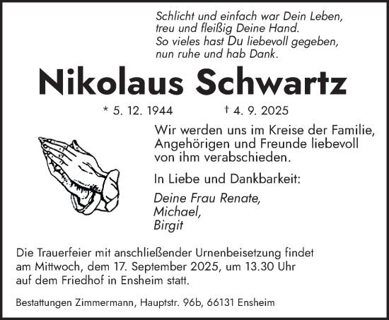 Traueranzeige von Nikolaus Schwartz von saarbruecker_zeitung