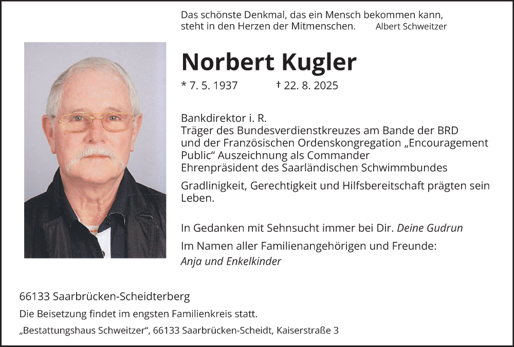  Traueranzeige für Norbert Kugler vom 30.08.2025 aus saarbruecker_zeitung