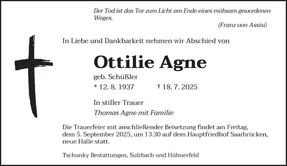  Traueranzeige für Ottilie Agne vom 30.08.2025 aus saarbruecker_zeitung