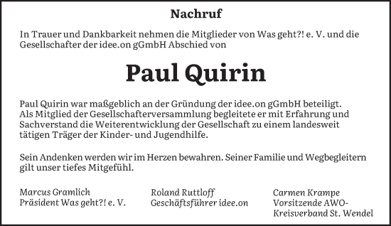 Traueranzeige von Paul Quirin von saarbruecker_zeitung