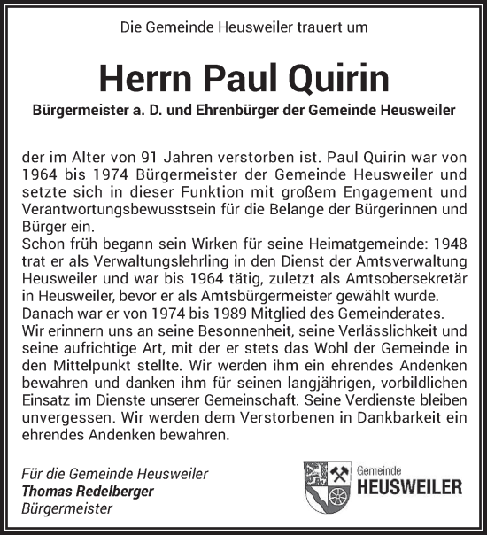 Traueranzeige von Paul Quirin von saarbruecker_zeitung