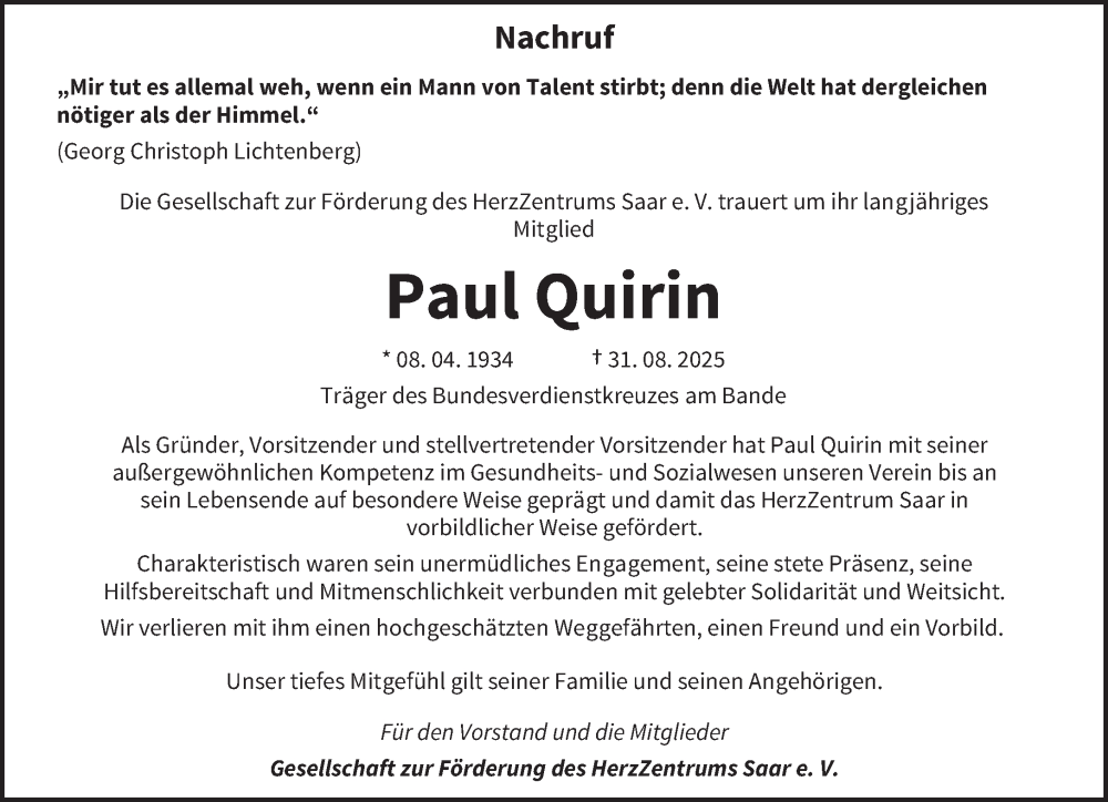  Traueranzeige für Paul Quirin vom 13.09.2025 aus saarbruecker_zeitung