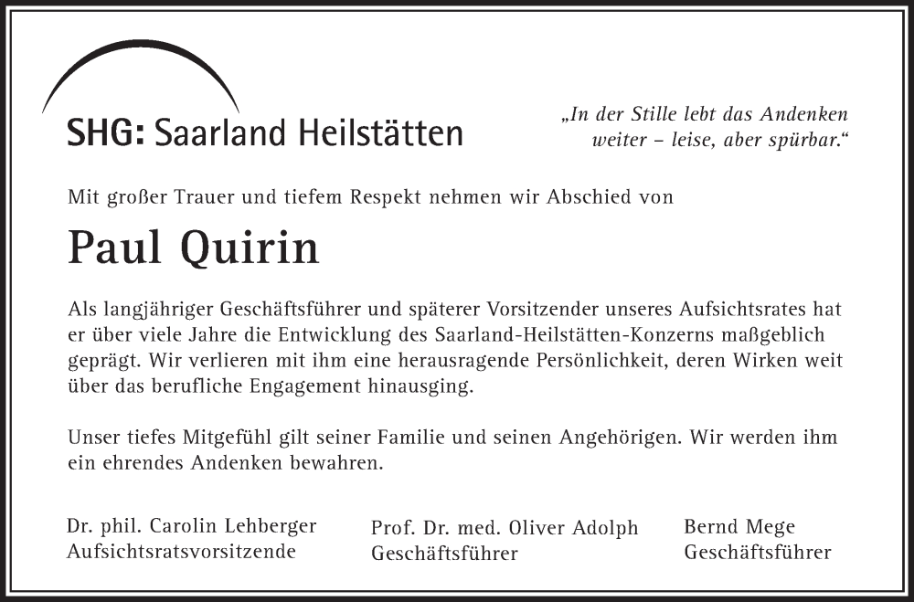  Traueranzeige für Paul Quirin vom 06.09.2025 aus saarbruecker_zeitung