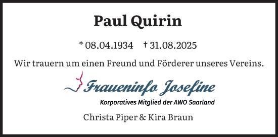 Traueranzeige von Paul Quirin von saarbruecker_zeitung