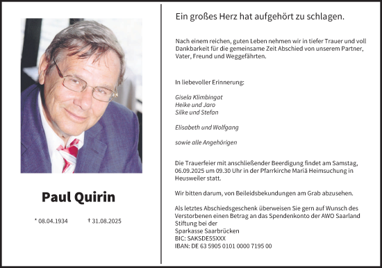 Traueranzeige von Paul Quirin von saarbruecker_zeitung