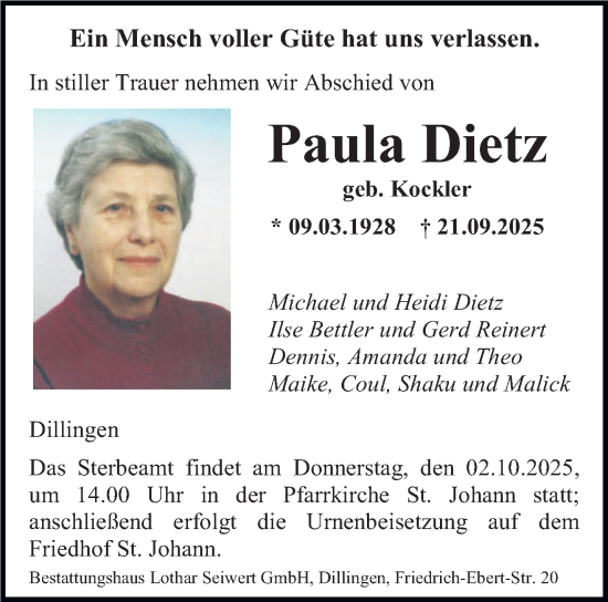 Traueranzeige von Paula Dietz von saarbruecker_zeitung