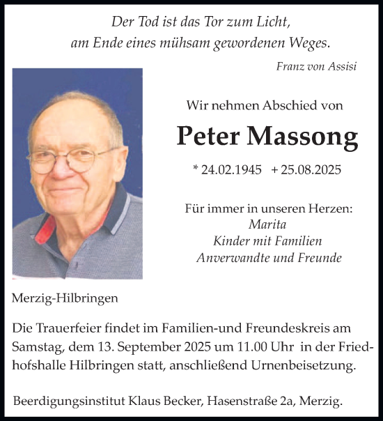 Traueranzeige von Peter Massong von saarbruecker_zeitung