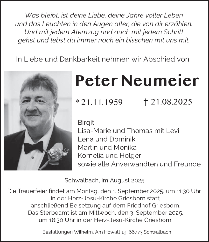  Traueranzeige für Peter Neumeier vom 30.08.2025 aus saarbruecker_zeitung