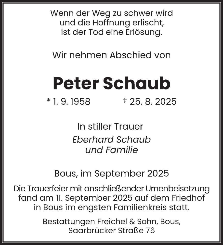  Traueranzeige für Peter Schaub vom 13.09.2025 aus saarbruecker_zeitung