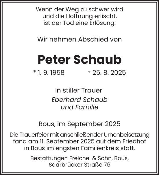 Traueranzeige von Peter Schaub von saarbruecker_zeitung