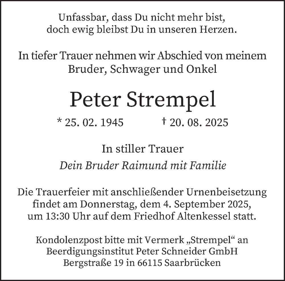  Traueranzeige für Peter Strempel vom 30.08.2025 aus saarbruecker_zeitung