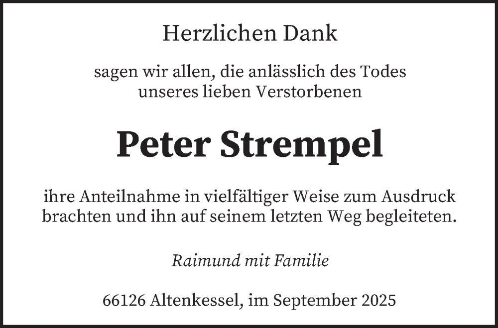  Traueranzeige für Peter Strempel vom 13.09.2025 aus saarbruecker_zeitung