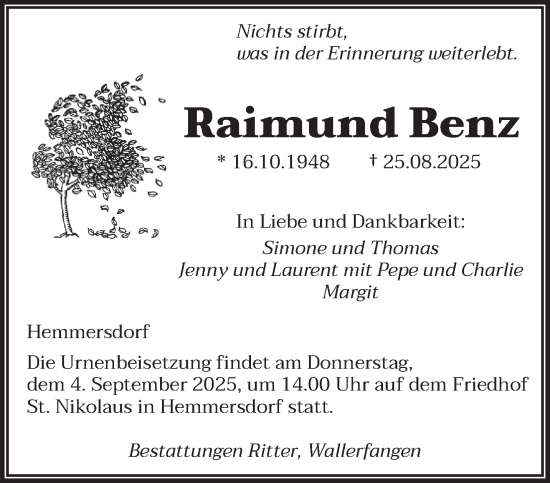 Traueranzeige von Raimund Benz von saarbruecker_zeitung