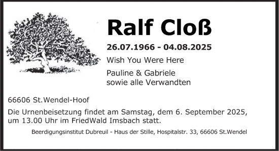 Traueranzeige von Ralf Cloß von saarbruecker_zeitung