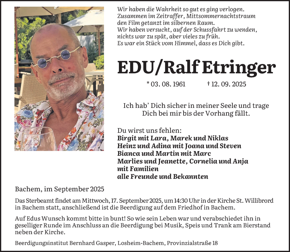  Traueranzeige für Ralf Etringer vom 16.09.2025 aus saarbruecker_zeitung