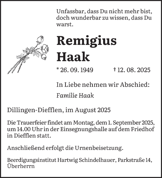 Traueranzeige von Remigius Haak von saarbruecker_zeitung
