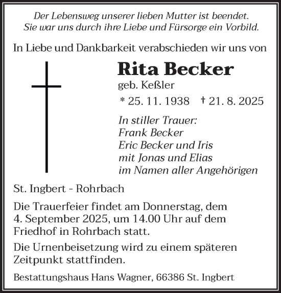 Traueranzeige von Rita Becker von saarbruecker_zeitung