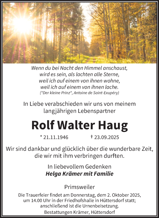 Traueranzeige von Rolf Walter Haug von saarbruecker_zeitung