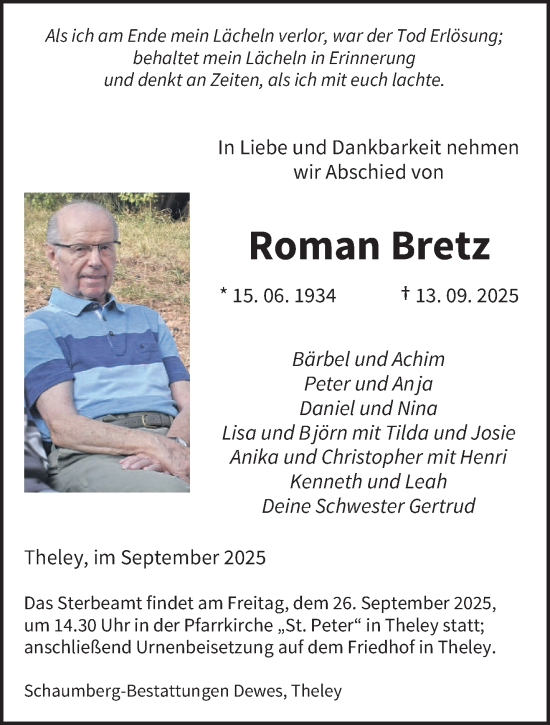 Traueranzeige von Roman Bretz von saarbruecker_zeitung