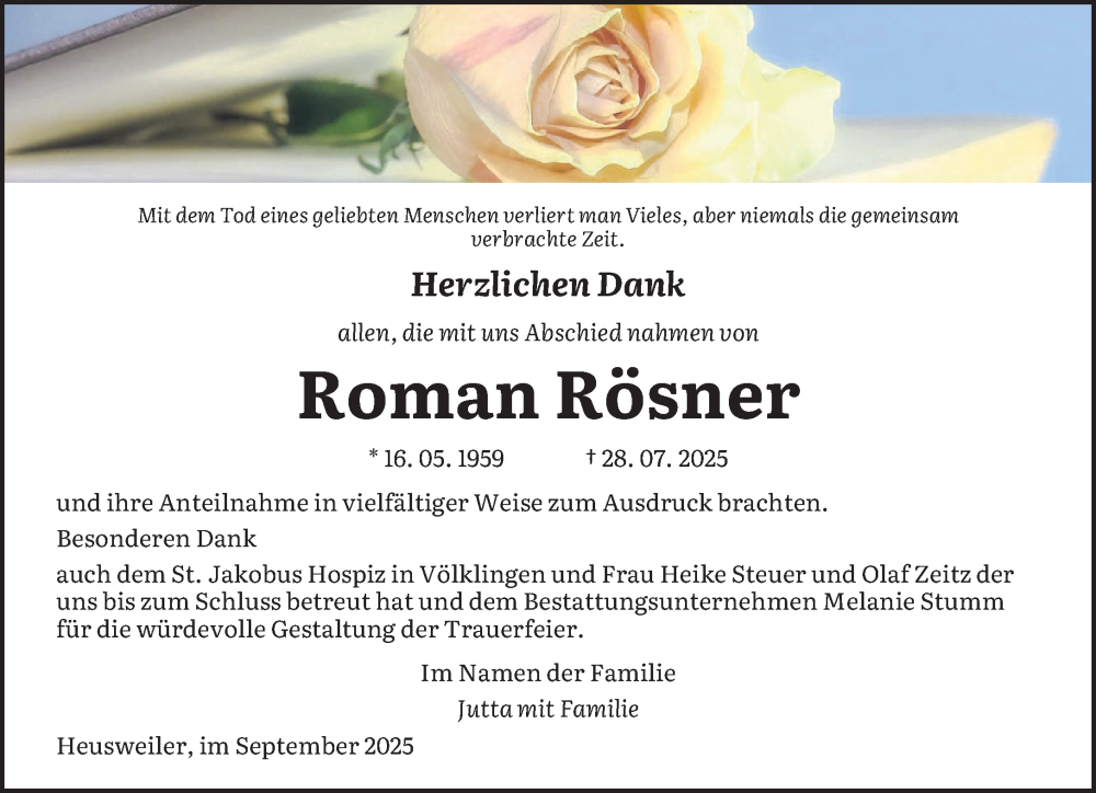  Traueranzeige für Roman Rösner vom 13.09.2025 aus saarbruecker_zeitung