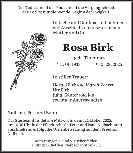 Traueranzeige von Rosa Birk von saarbruecker_zeitung