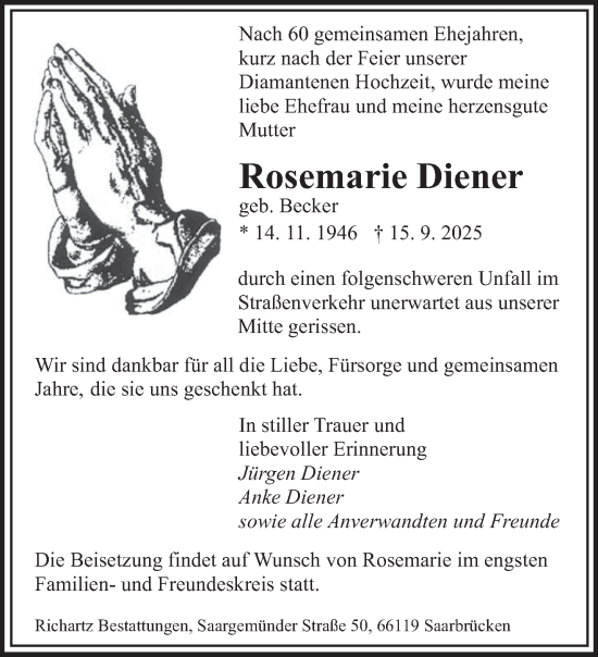 Traueranzeige von Rosemarie Diener von saarbruecker_zeitung