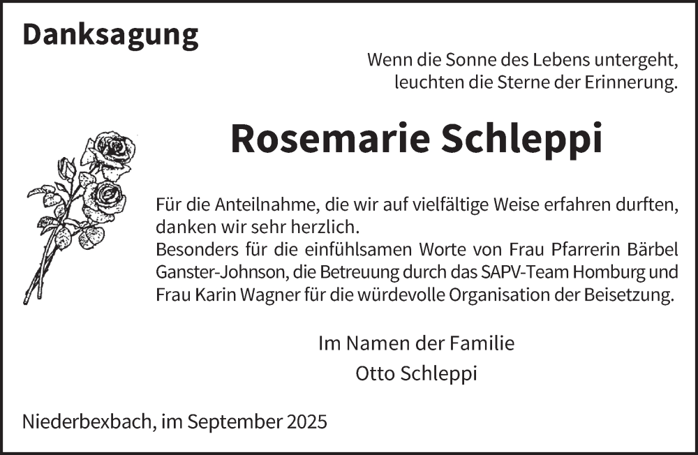  Traueranzeige für Rosemarie Schleppi vom 13.09.2025 aus saarbruecker_zeitung