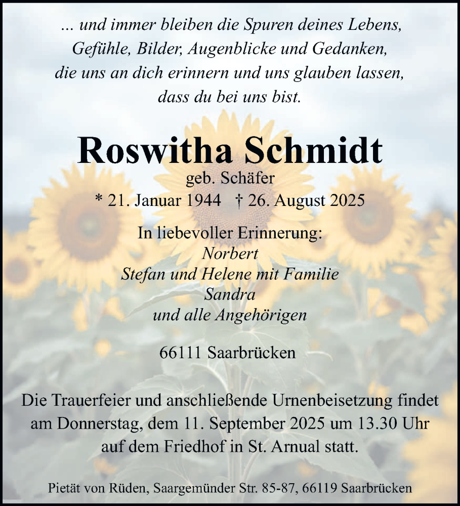  Traueranzeige für Roswitha Schmidt vom 30.08.2025 aus saarbruecker_zeitung