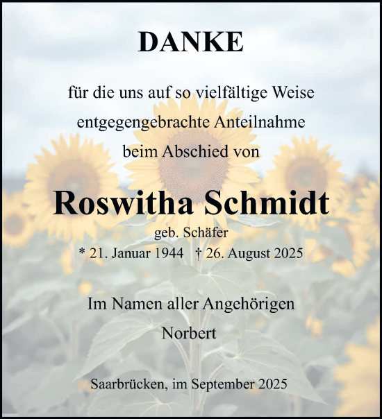 Traueranzeige von Roswitha Schmidt von saarbruecker_zeitung