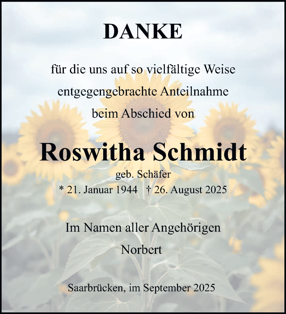  Traueranzeige für Roswitha Schmidt vom 20.09.2025 aus saarbruecker_zeitung