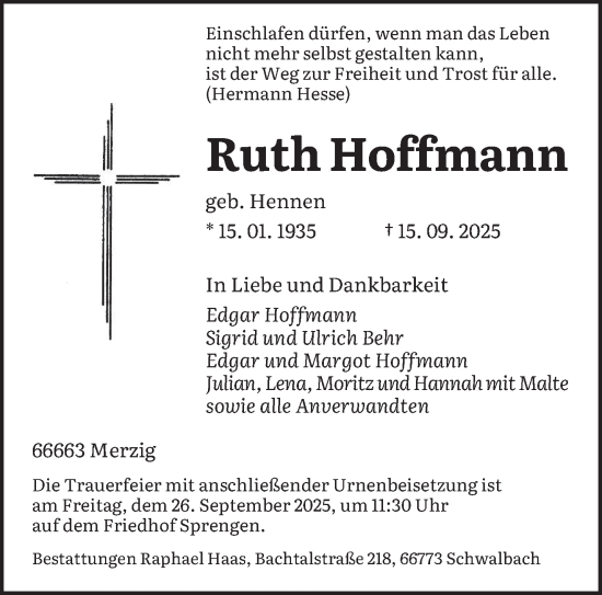 Traueranzeige von Ruth Hoffmann von saarbruecker_zeitung