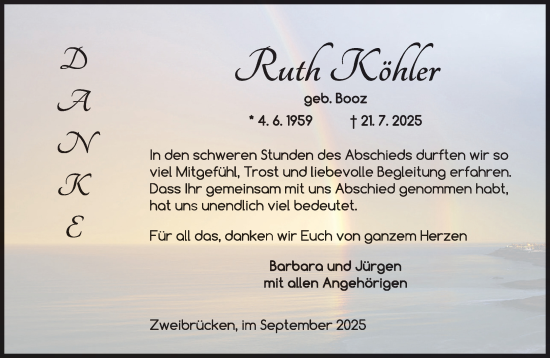 Traueranzeige von Ruth Köhler von saarbruecker_zeitung