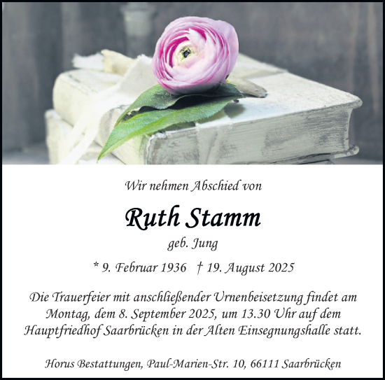 Traueranzeige von Ruth Stamm von saarbruecker_zeitung