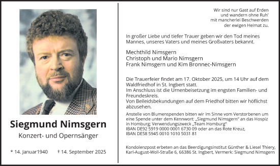 Traueranzeige von Siegmund Nimsgern von saarbruecker_zeitung