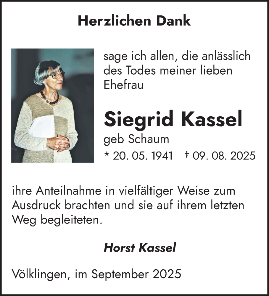  Traueranzeige für Siegrid Kassel vom 13.09.2025 aus saarbruecker_zeitung