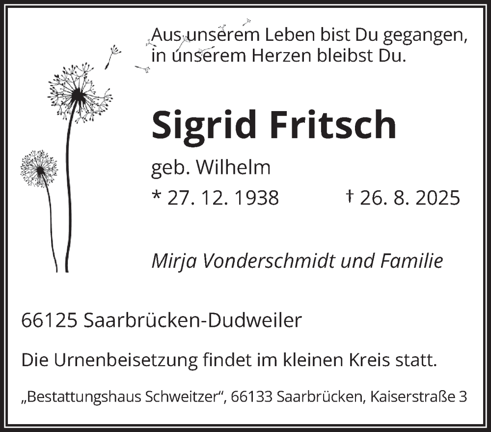  Traueranzeige für Sigrid Fritsch vom 30.08.2025 aus saarbruecker_zeitung
