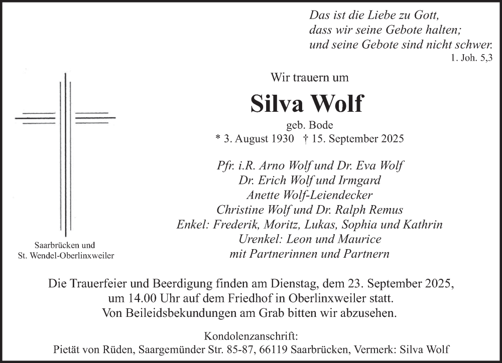  Traueranzeige für Silva Wolf vom 20.09.2025 aus saarbruecker_zeitung