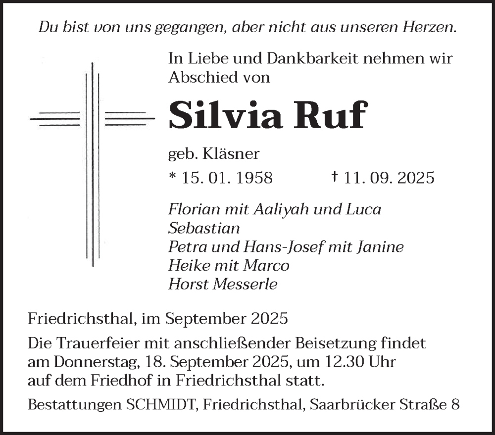  Traueranzeige für Silvia Ruf vom 13.09.2025 aus saarbruecker_zeitung
