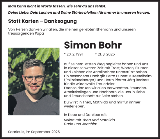 Traueranzeige von Simon Bohr von saarbruecker_zeitung