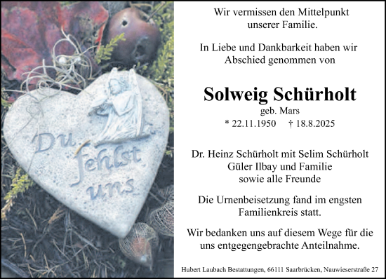 Traueranzeige von Solweig Schürholt von saarbruecker_zeitung
