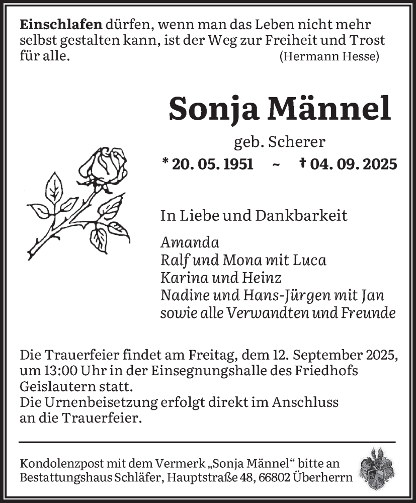  Traueranzeige für Sonja Männel vom 06.09.2025 aus saarbruecker_zeitung